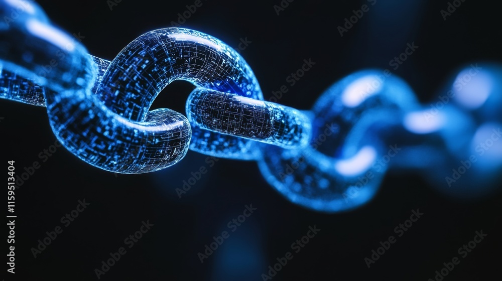 Poster conceptual representation of a digital chain link with glowing data elements, symbolizing connectivi