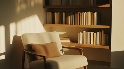 Elegant minimalist reading nook with minimal decor. Featuring a clean, open design with contemporary lines