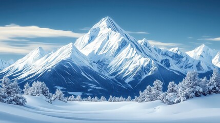 Snow-capped mountain range under clear blue sky showcasing winter beauty