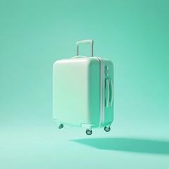 Mint green suitcase floating on pastel background.