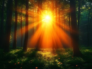 Sunbeams Illuminate a Forest Path with Flowers