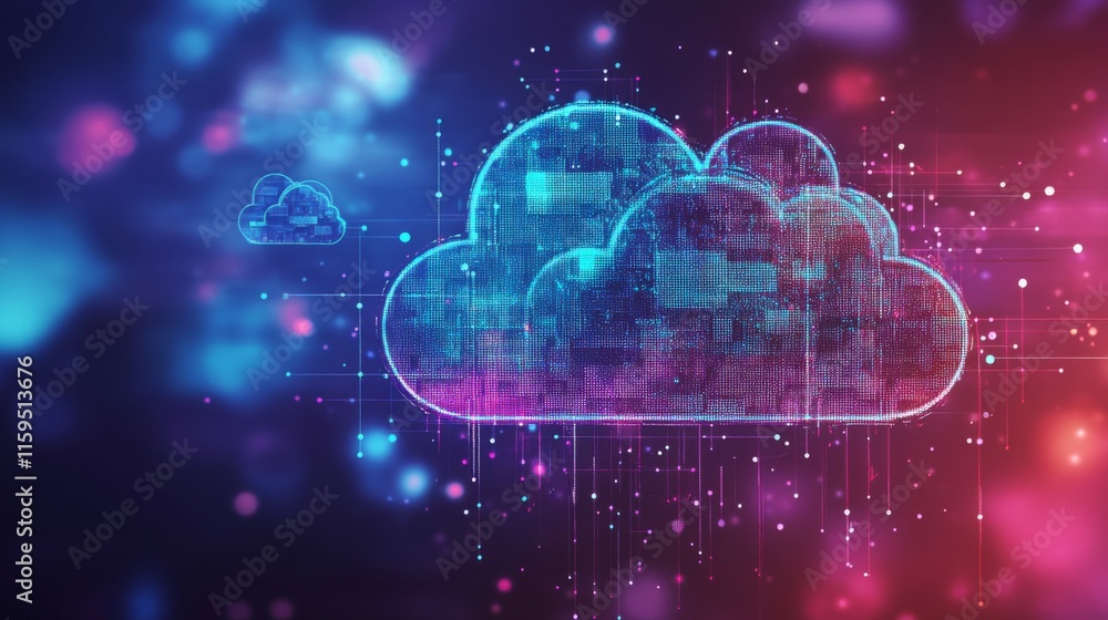 Poster digital cloud concept featuring abstract technology visualization with colorful neon elements and da