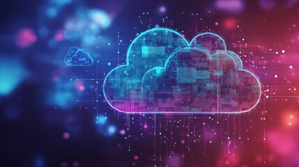 Digital Cloud Concept Featuring Abstract Technology Visualization with Colorful Neon Elements and Data Stream in Background for Creative Use in Tech Themes