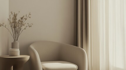 Elegant minimalist reading nook with minimal decor. Featuring clean lines and a cozy setup