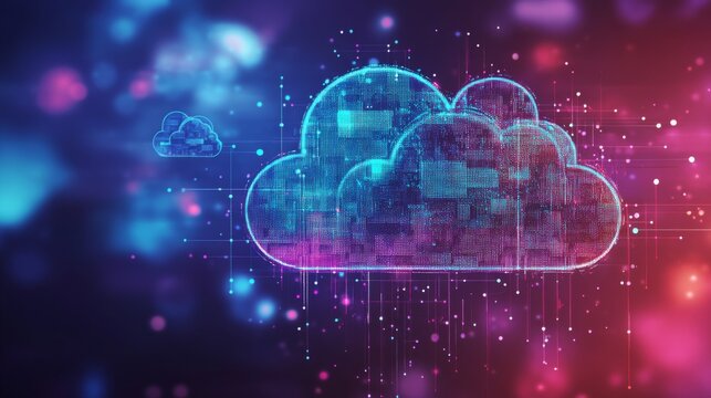 Digital Cloud Concept Featuring Abstract Technology Visualization with Colorful Neon Elements and Data Stream in Background for Creative Use in Tech Themes