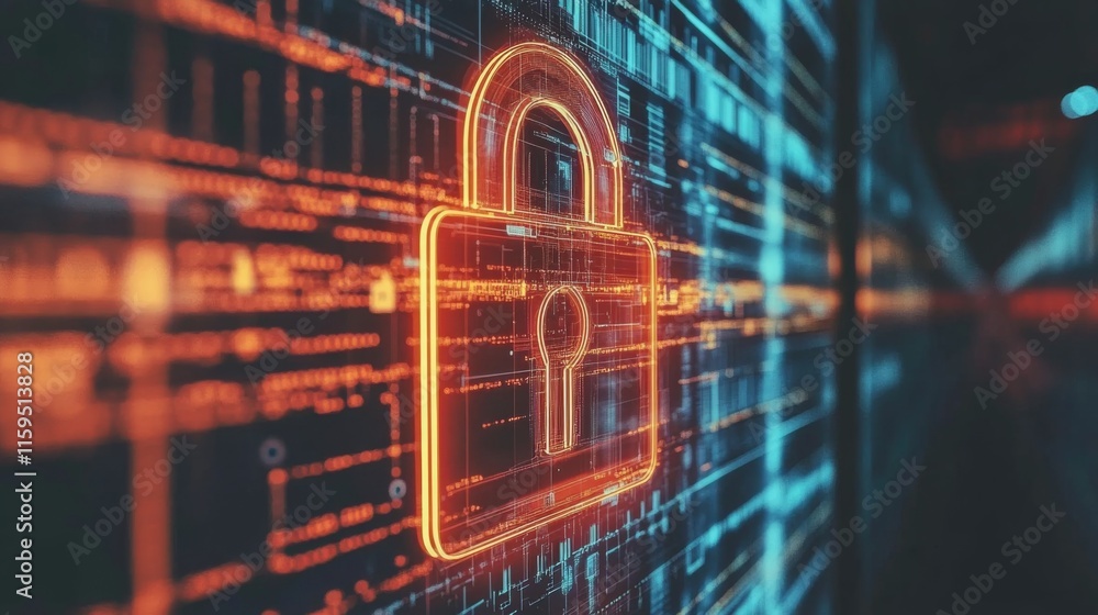 Poster digital lock symbolizing cybersecurity with futuristic background of binary code and light trails re