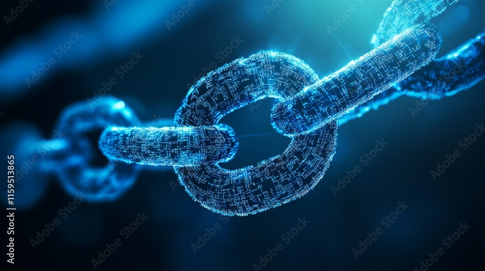 Poster digital representation of a glowing blockchain chain link symbolizing technology, security, and conn