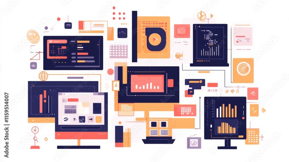 Poster Digital Workspace with Colorful Charts and Graphs on Multiple Computer Screens Showcasing Data Analysis and Business Dashboards in a Modern Illustration