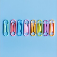 Colorful binder clips arranged in a row on a blue background.