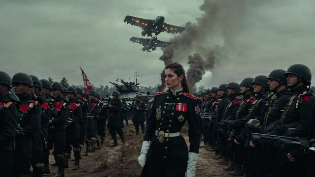 AI-generated anamorphic 4K military period scene. Dramatic formation of soldiers in historical uniforms against smoky battlefield atmosphere, cinematic stormy sky with aircraft overhead