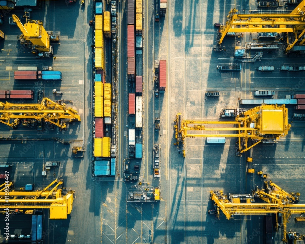 Poster aerial view of a busy cargo port with shipping containers and cranes. ai.