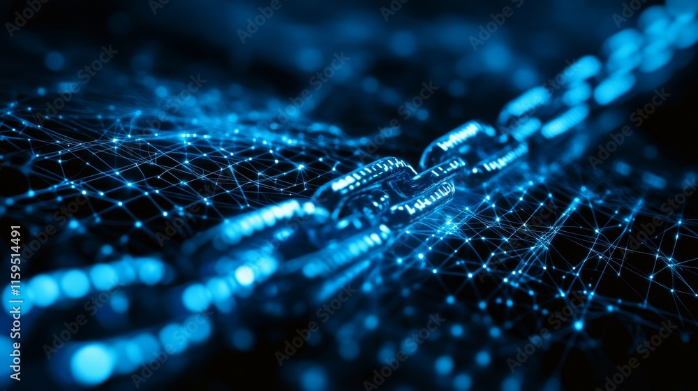 Poster futuristic blue chain link emerging from a digital network with glowing points and lines representin
