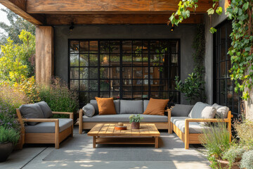 Wooden patio furniture illuminating cozy lounge area under a pergola