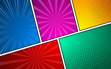 Comic book page template colorful frame divided lines with radial, halftone and dots effect in pop art style. Vector illustration