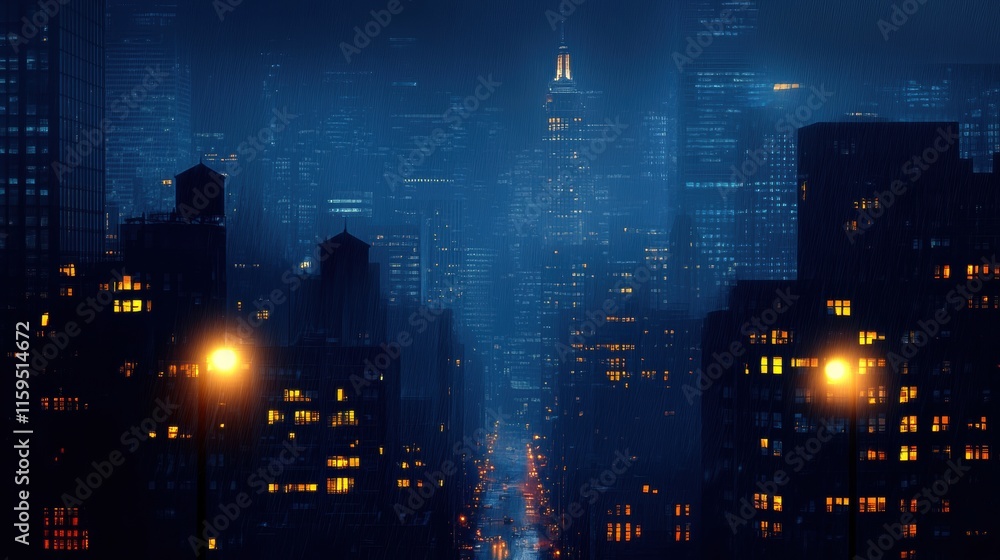 Aufkleber nighttime cityscape with illuminated windows in a dark and moody urban environment. generative ai