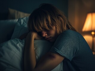 Fototapeta premium Sad woman sleeping in bed. AI.