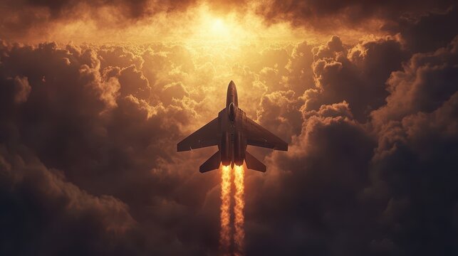 Realistic raptor jet soaring through clouds with after burners blazing at sunset