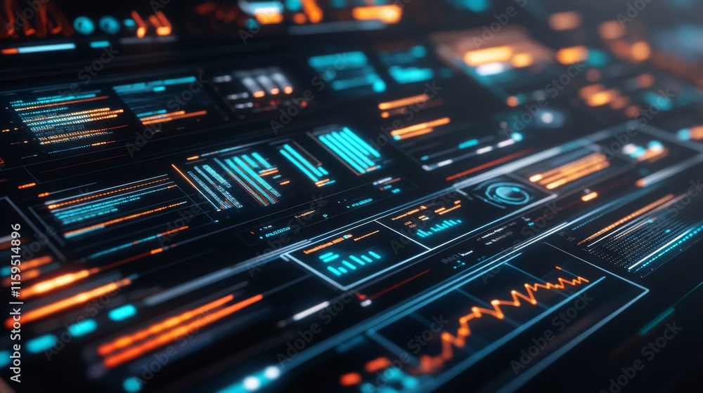 Poster futuristic data dashboard with vibrant neon colors showcasing dynamic analytics, graphs, and visuali