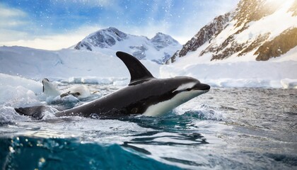Fototapeta premium Orcas Hunting Seals in the Icy Waters of the Arctic Ocean
