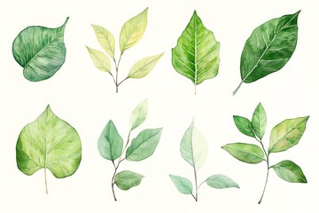 Green Leaf Collection: Artistic Watercolor and Detailed Digital Illustrations Featuring Clovers, Tropical Leaves, Falling Foliage, and Textured Dry Leaves - Perfect for Nature-Themed Designs and Decor