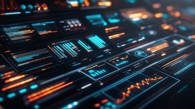 Futuristic Data Dashboard with Vibrant Neon Colors Showcasing Dynamic Analytics, Graphs, and Visualizations in a Dark Environment for Technology and Business Use