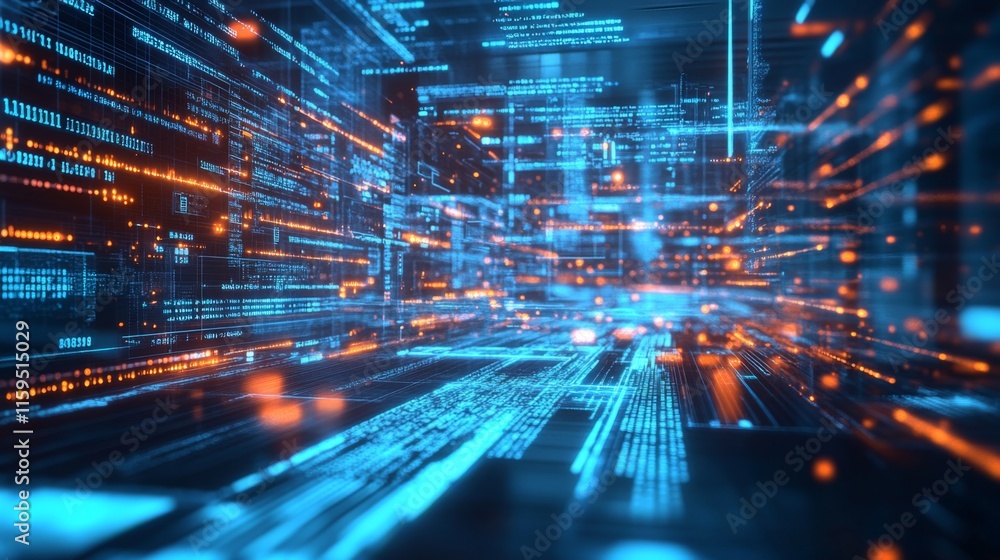  futuristic data visualization with bright neon lines and glowing nodes creating a high-tech abstract