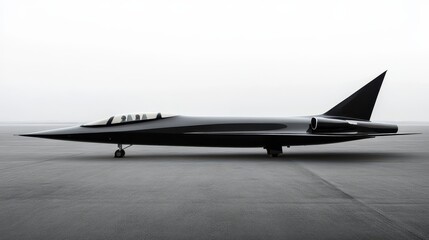Sleek jet plane in side profile view on a runway under overcast sky