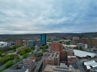 Aerial View of Historical Sheffield City Centre at English county of South Yorkshire, England, United Kingdom. High Angle Footage Was Captured with Drone's Camera During Sunset on April 29th, 2024