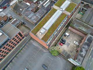 Aerial View of Historical Sheffield City Centre at English county of South Yorkshire, England, United Kingdom. High Angle Footage Was Captured with Drone's Camera During Sunset on April 29th, 2024