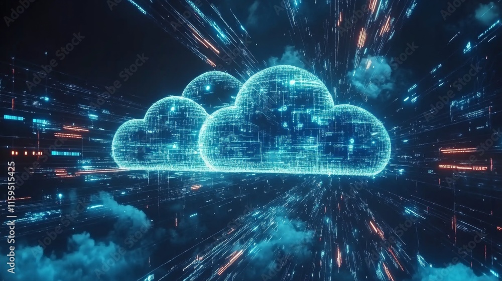 Poster Futuristic Digital Clouds Representing Data Storage and Cloud Computing with Bright Light Effects and Abstract Shapes Against a Dark Background