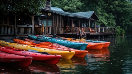 Obraz premium Colorful Kayaks Docked Near Rustic Lakeside Cabin