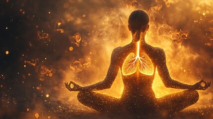 A person practicing yoga, deeply aware of their breath, with soft golden light illuminating their body, the outline of their lungs glowing faintly, peaceful and mindful