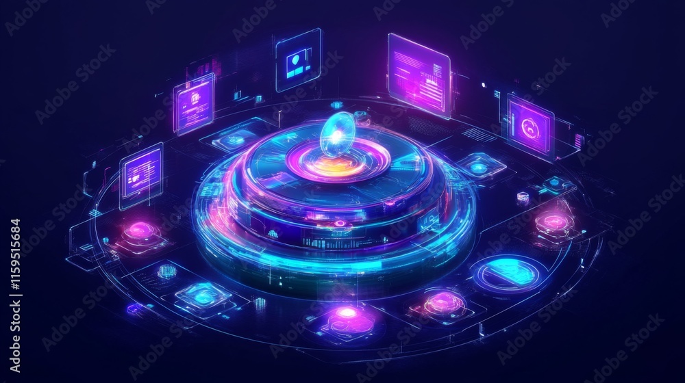 Poster futuristic digital interface featuring glowing elements, virtual reality displays, and data visualiz