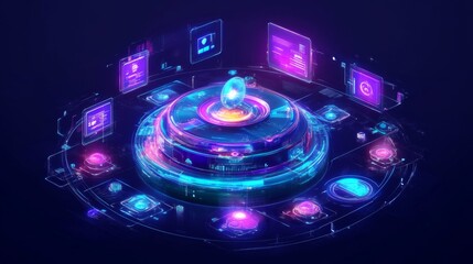 Futuristic Digital Interface Featuring Glowing Elements, Virtual Reality Displays, and Data Visualization for Conceptual Technology and Innovation Background