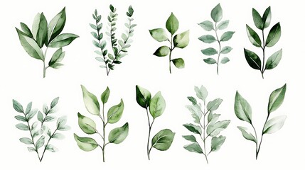 Green Leaf Collection: Artistic Watercolor and Detailed Digital Illustrations Featuring Clovers, Tropical Leaves, Falling Foliage, and Textured Dry Leaves - Perfect for Nature-Themed Designs and Decor