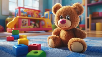 Brown Teddy Bear Sitting In Childrens Playroom