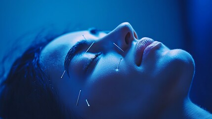 A person receiving acupuncture, soft ambient lighting casting gentle shadows, calm and healing atmosphere, cool blue tones to convey therapeutic health, a quiet and restorative moment