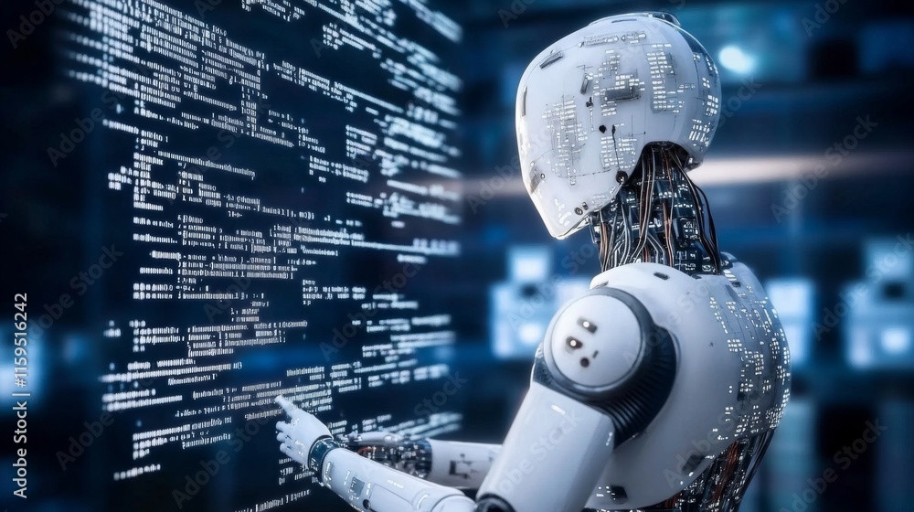Poster futuristic humanoid robot interacting with digital code on a screen in a high-tech laboratory enviro