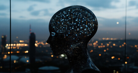 A striking art piece features a transparent head filled with glowing lights, set against the backdrop of a vibrant city skyline during twilight. The scene captures a blend of technology and artistry.