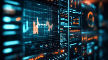 Naklejka premium Futuristic Interface with Graphs and Data Displays in a High-Tech Environment, Vibrant Colors and Glowing Elements, Suitable for Technology and Sci-Fi Themes