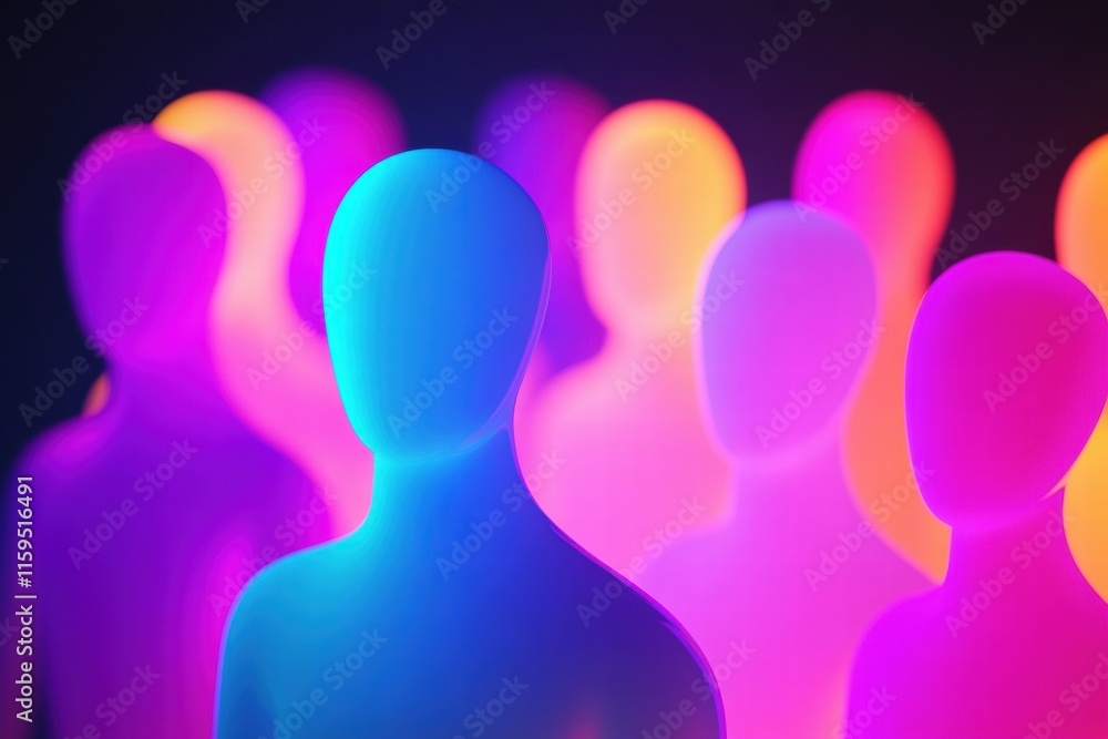 Poster digital representation of faceless avatars illuminated in vibrant colors with ample space for custom