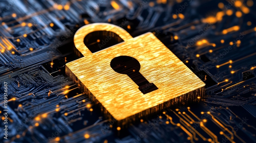 Poster golden padlock symbolizing digital security over circuit board background with glowing effects in a 