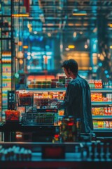 Fototapeta premium A person shopping at a brightly lit grocery store. AI.