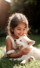 Child hugging a puppy. AI.
