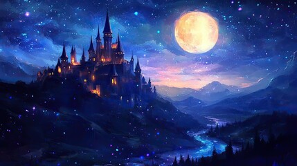 Naklejka premium Majestic Castle Underneath a Night Sky and Full Moon