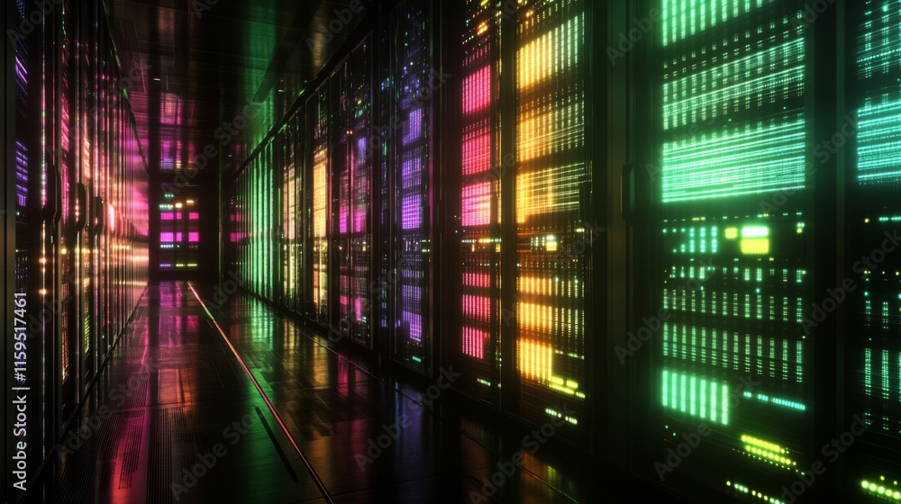 Poster neon-lit data center corridor with colorful led displays and reflections in a modern server room set