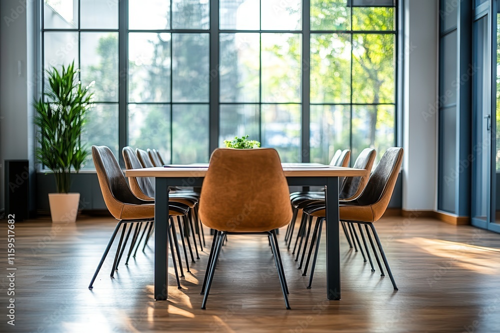 Poster modern conference room featuring a large table and comfortable chairs for meetings in a bright and s