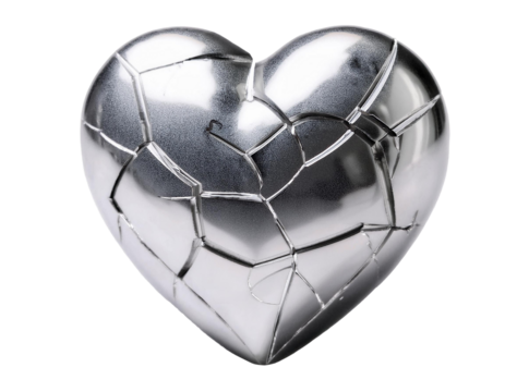 reflective silver metallic broken heart isolated on transparent background, png - Powered by Adobe