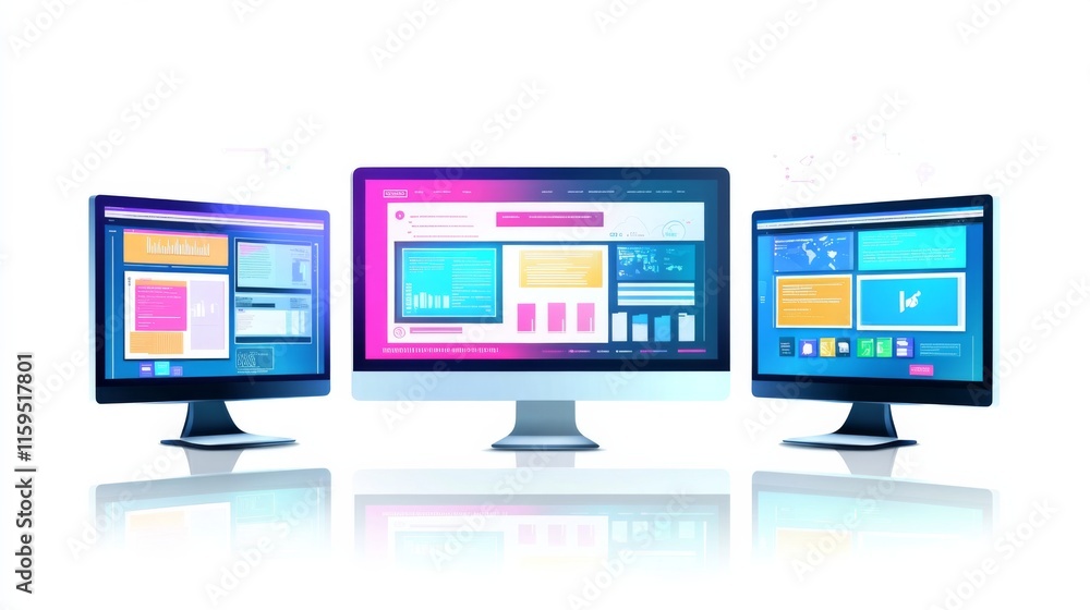 Poster three modern computer monitors displaying colorful digital analytics and data visualization in a cre