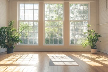 Spacious Yoga Studio Filled With Natural Light and Greenery for a Calming Practice. Generative AI